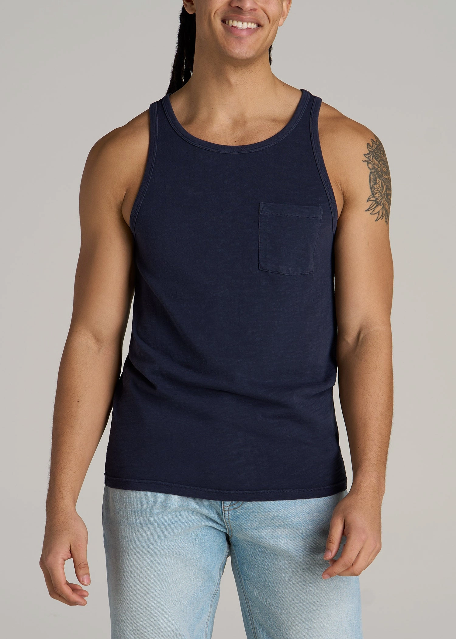 Minimalist Silhouette Garment Dyed Slub Pocket Tall Men's Tank Top in Evening Blue