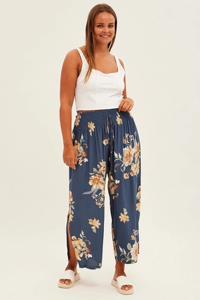 All-day Flex Multi Floral Wideleg Pants Shirred Waistband Textured Crepe