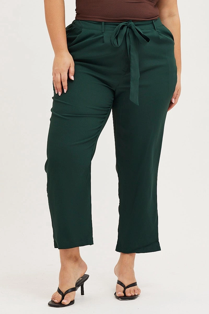 Green Crop Pants High Rise Waist Tie Light Coverage ElasticWaist