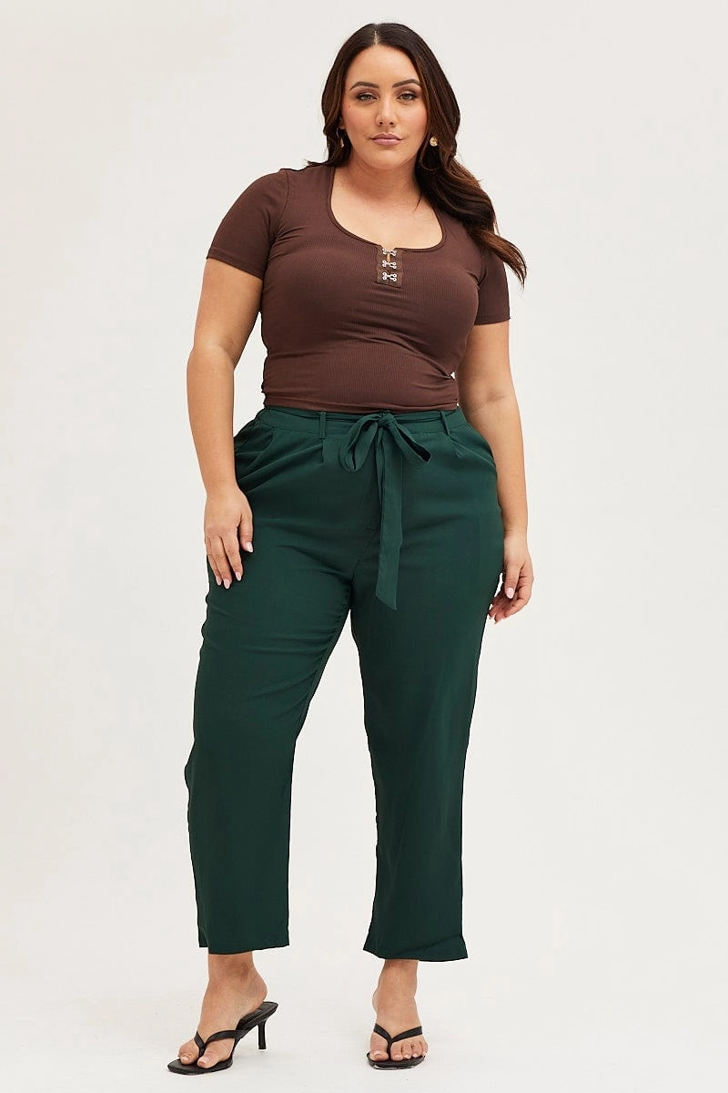 Green Crop Pants High Rise Waist Tie Compression Fit Stretchable Fabric