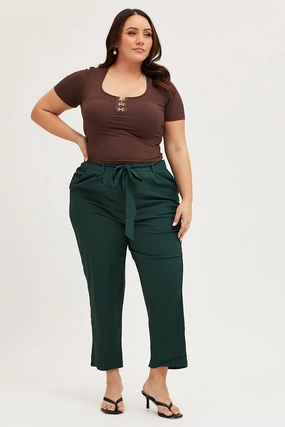 Green Crop Pants High Rise Waist Tie Easy Care Fabric Finish Fit Control