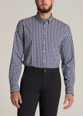Traveler Stretch Dress Shirt for Tall Men in Blue and White Gingham Button Down Collar Style Bamboo Derived Material