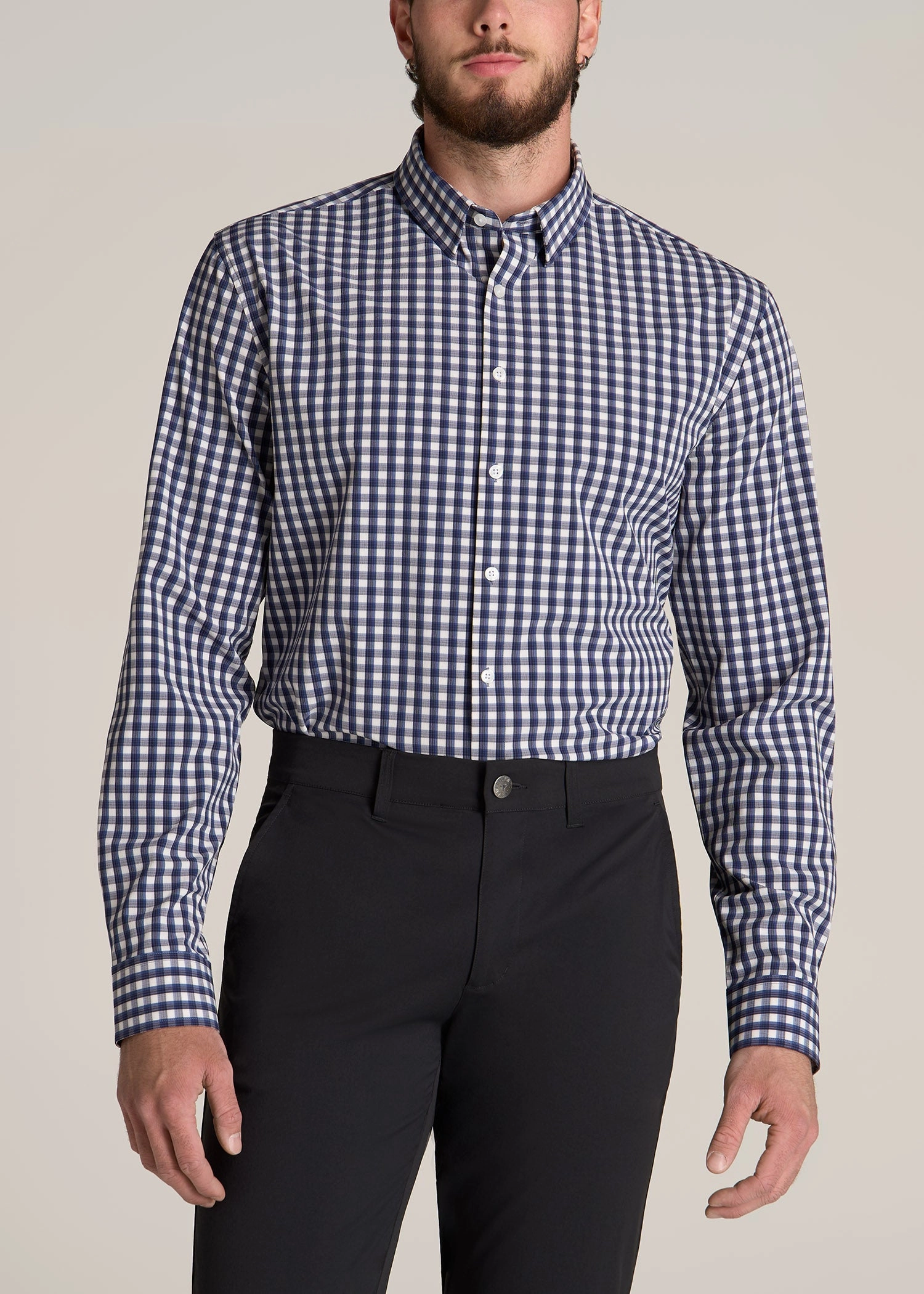 Traveler Stretch Dress Shirt for Tall Men in Blue and White Gingham Anti Pilling Treatment Breathable Lining