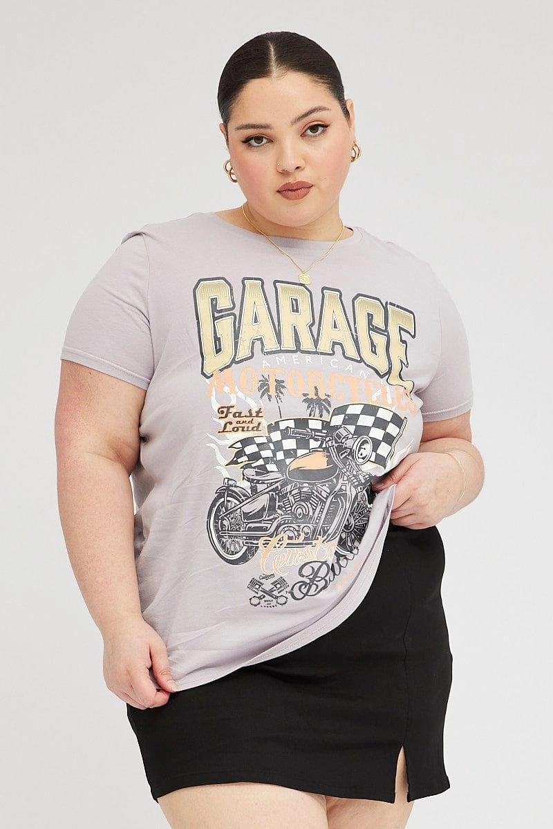 Grey Graphic T-shirt Short Sleeve Crew Neck All Purpose Wear