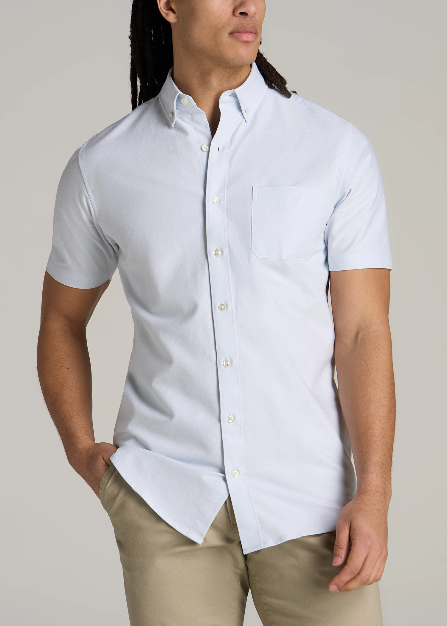 Short Sleeve Oxford Button Shirt For Tall Men in Light Blue Multipanel Construction