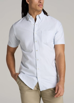Short Sleeve Oxford Button Shirt For Tall Men in Light Blue Wide Shoulder Cut