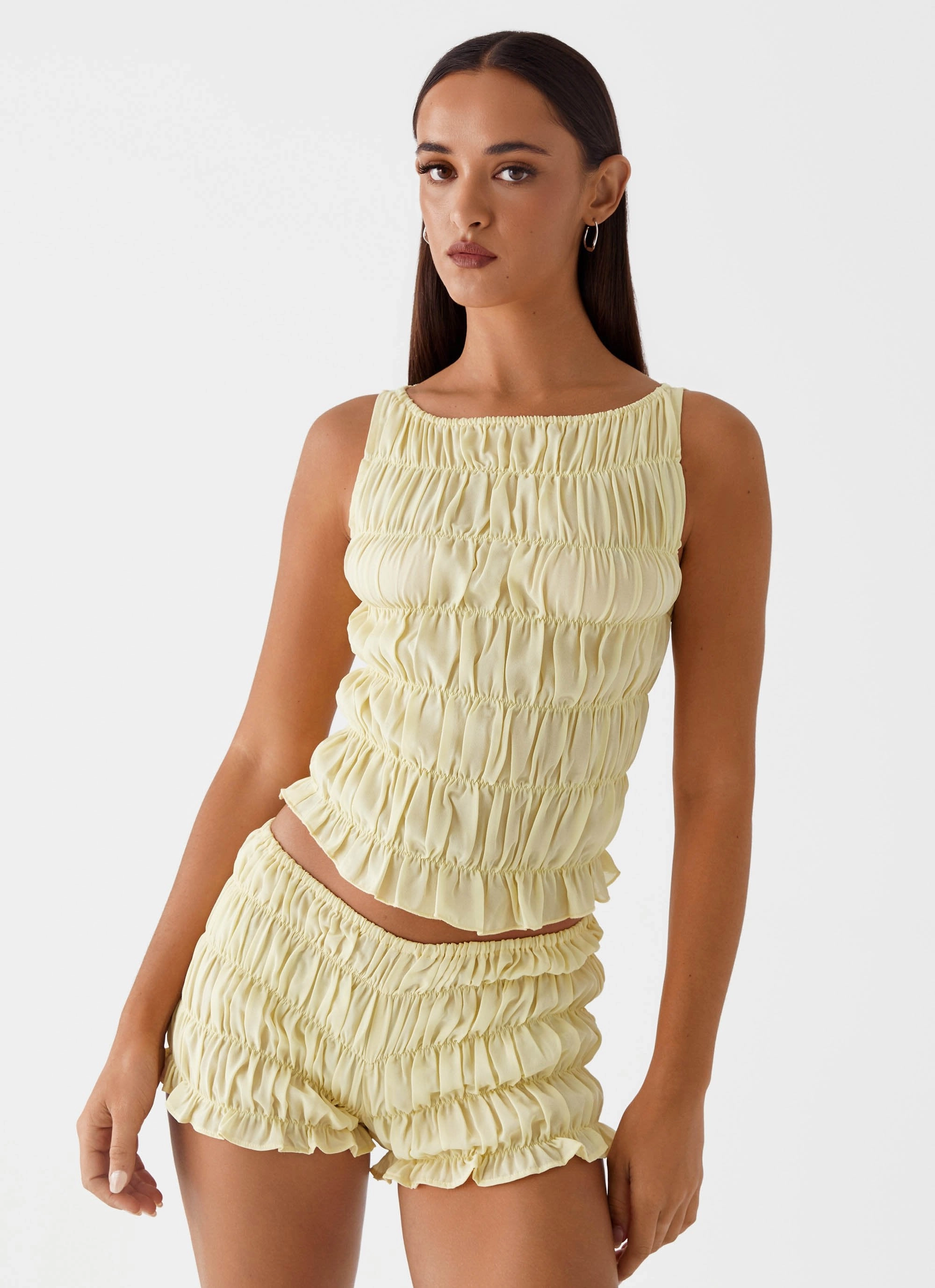 Girls Like Us Ruched Mini Shorts - Yellow clean look