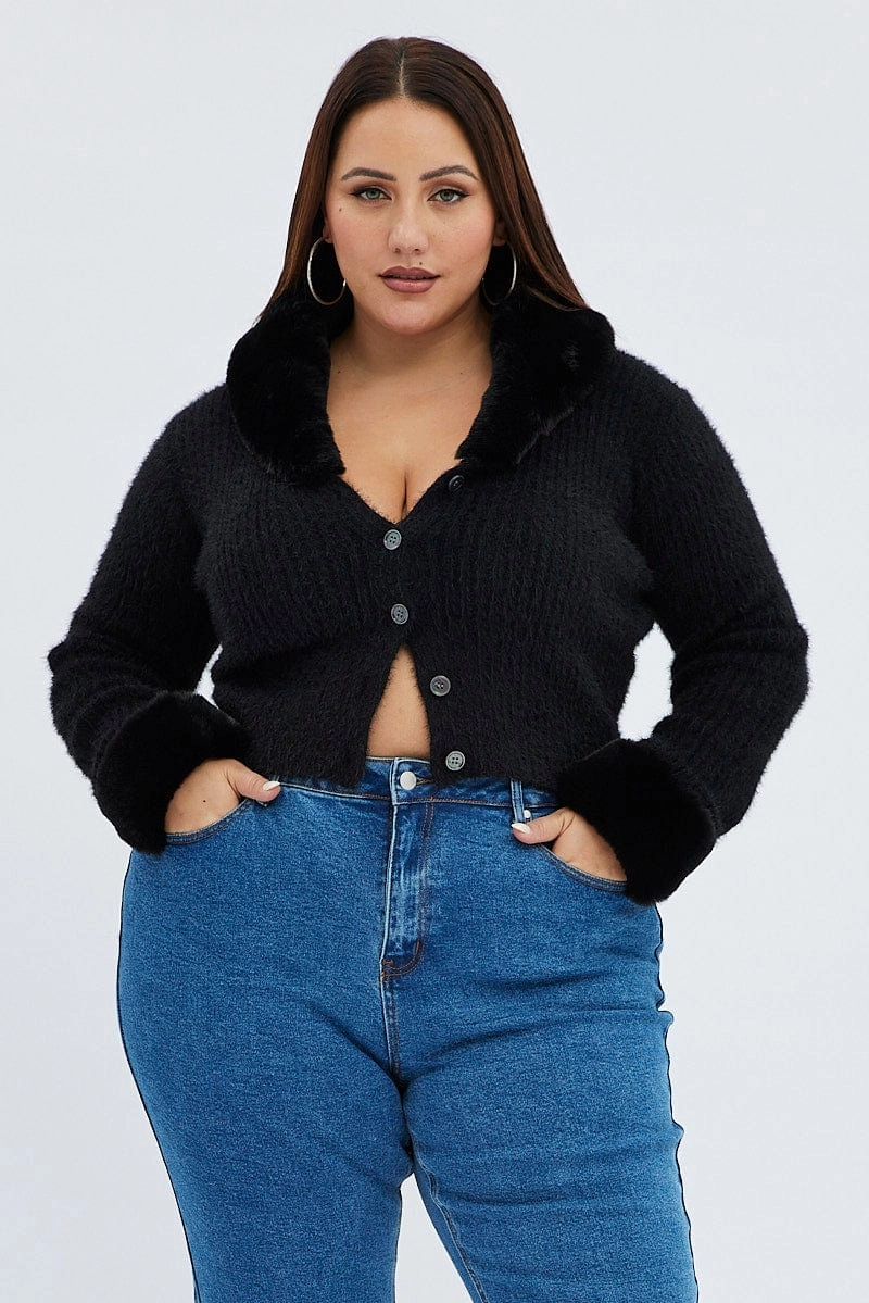 Collapsible Packable Style Everyday Urban Style Black Knit Cardigan Fur Trim
