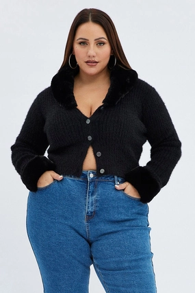 Collapsible Packable Style Everyday Urban Style Black Knit Cardigan Fur Trim