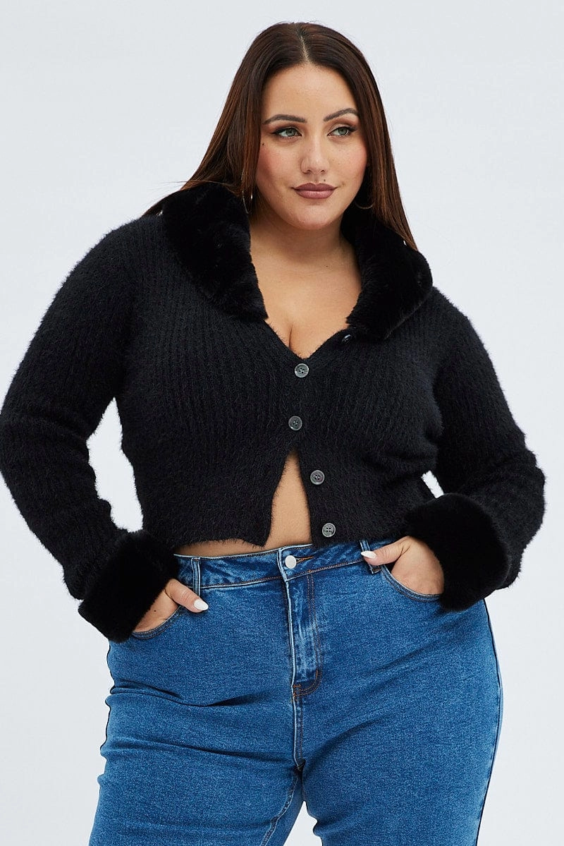 Casual Trend Eco Friendly Production Black Knit Cardigan Fur Trim