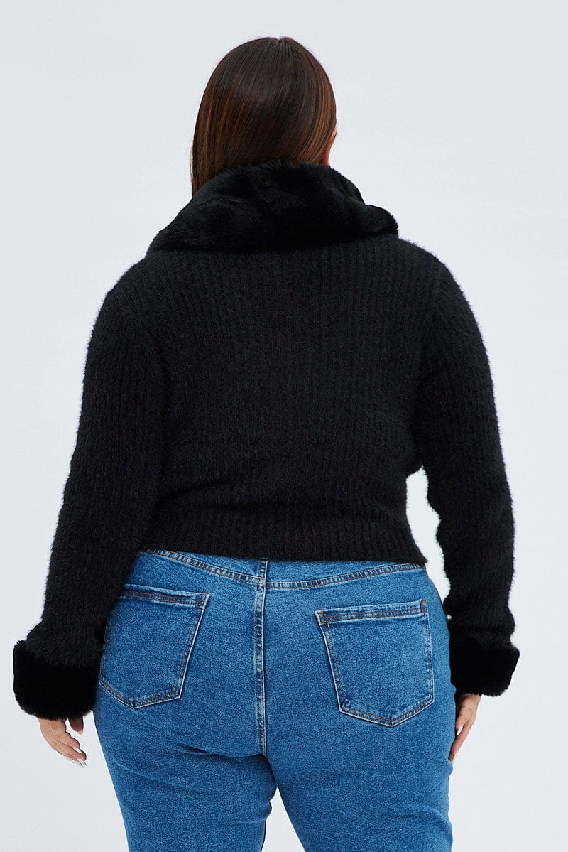 Black Knit Cardigan Fur Trim Odor Control Fibers Easy Fit Piece