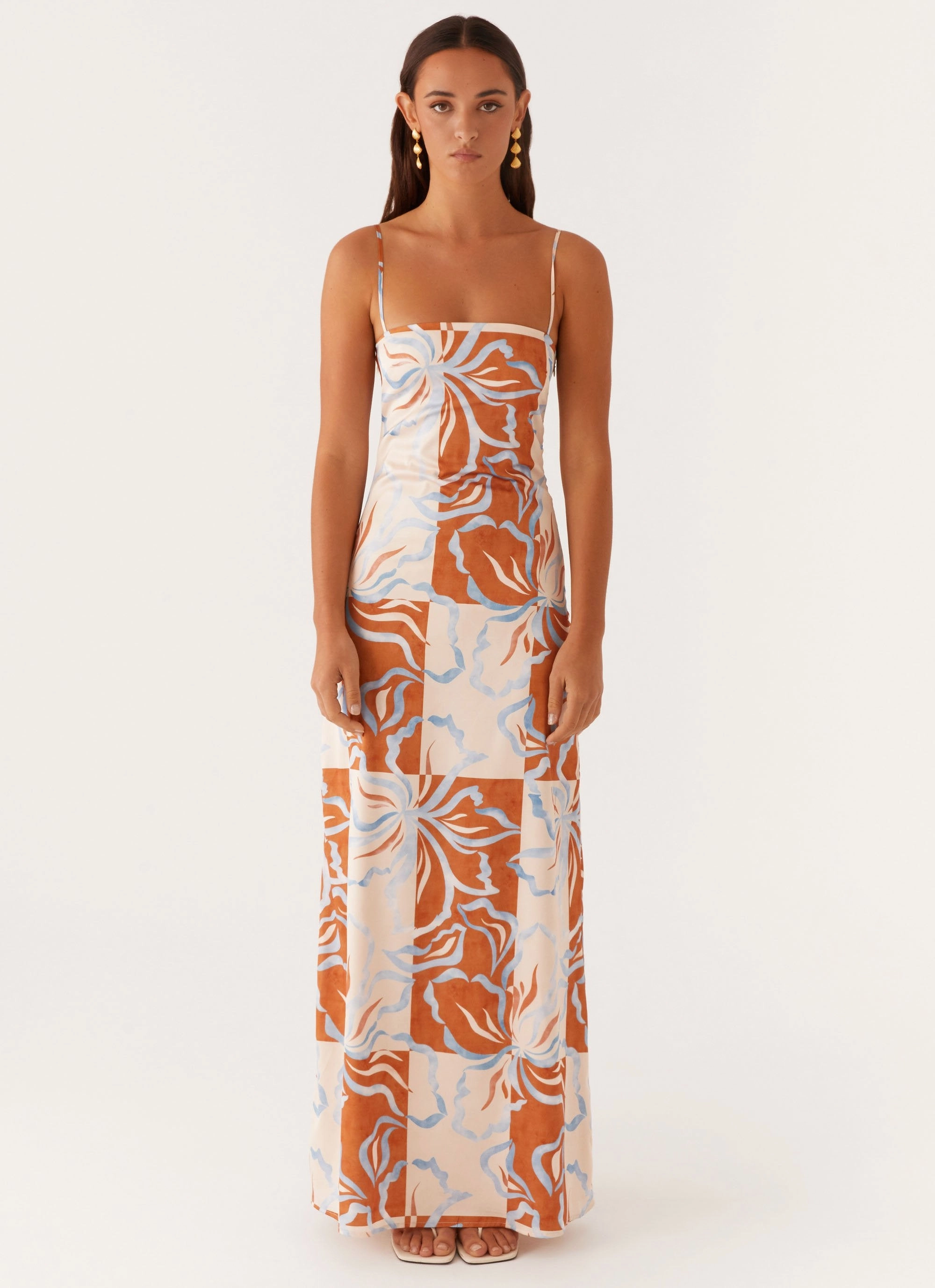 Aster Bloom Maxi Dress - Orange Blue Floral Music-Concert Neutral palette