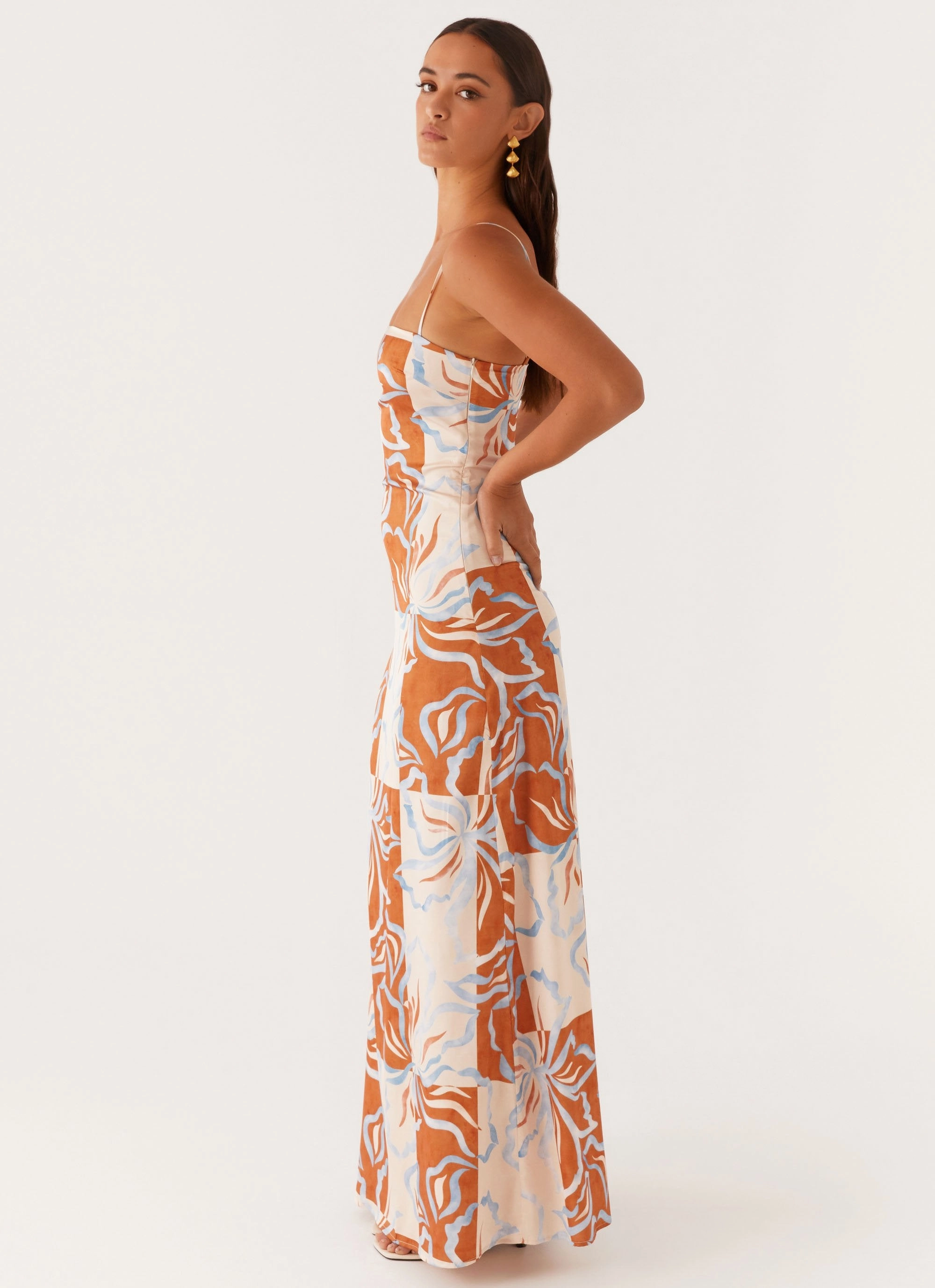 Aster Bloom Maxi Dress - Orange Blue Floral Bright Vibe Stylish Layer