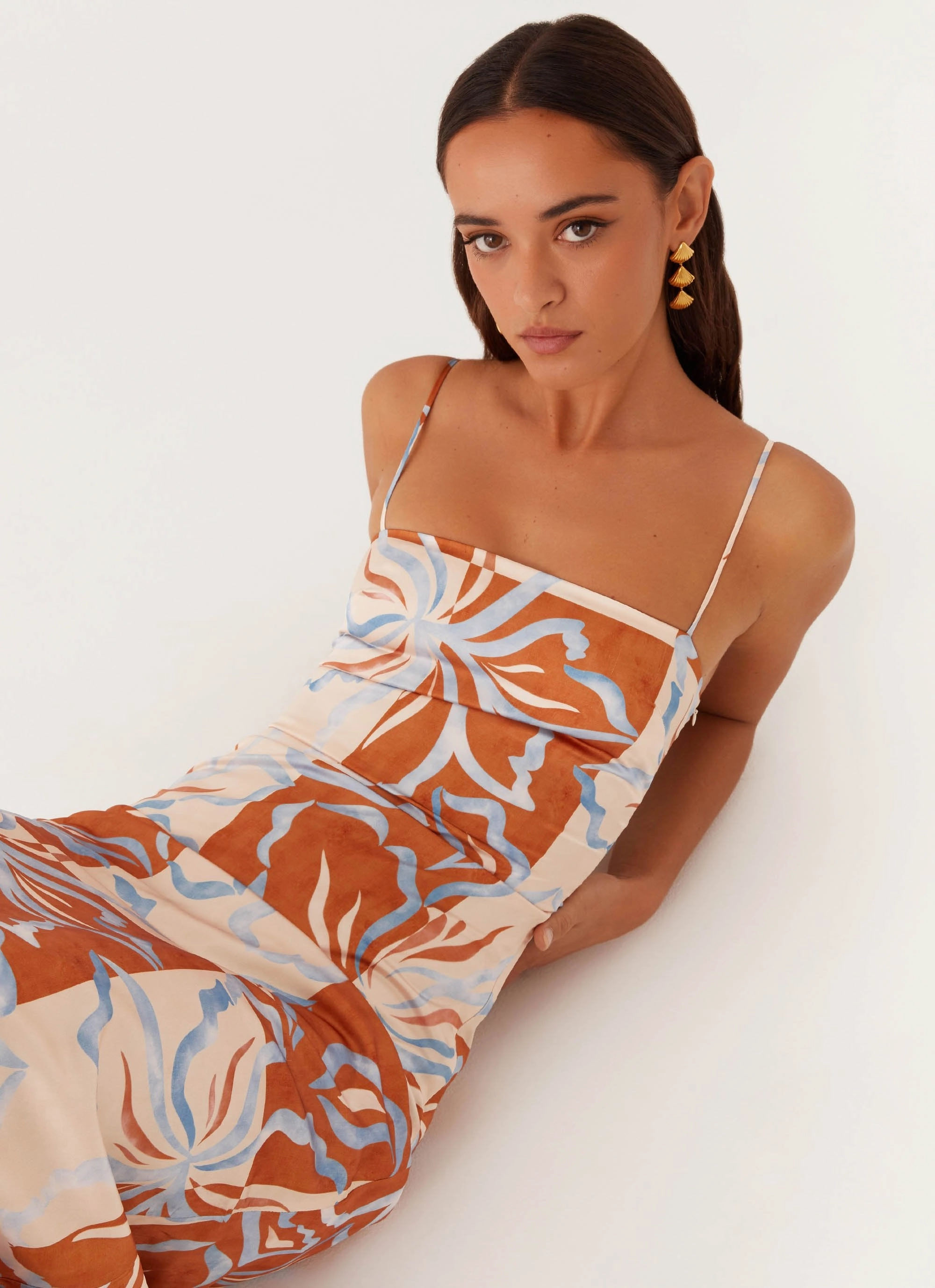 velvet feel Aster Bloom Maxi Dress - Orange Blue Floral