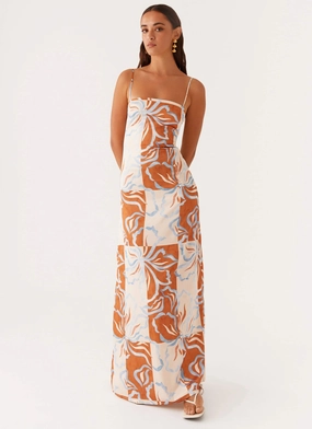 Aster Bloom Maxi Dress - Orange Blue Floral Slit Detail