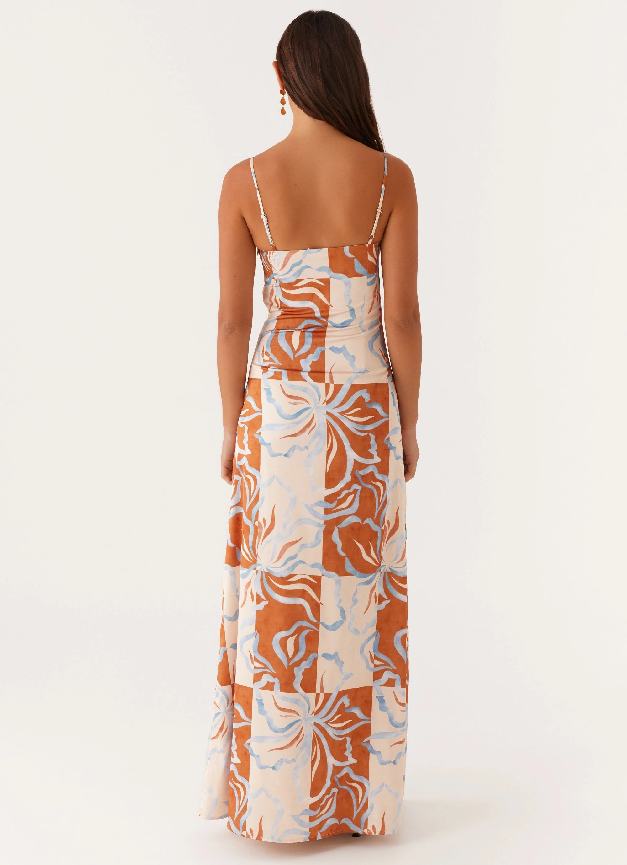 Aster Bloom Maxi Dress - Orange Blue Floral Flowy Texture Breathable Wearable