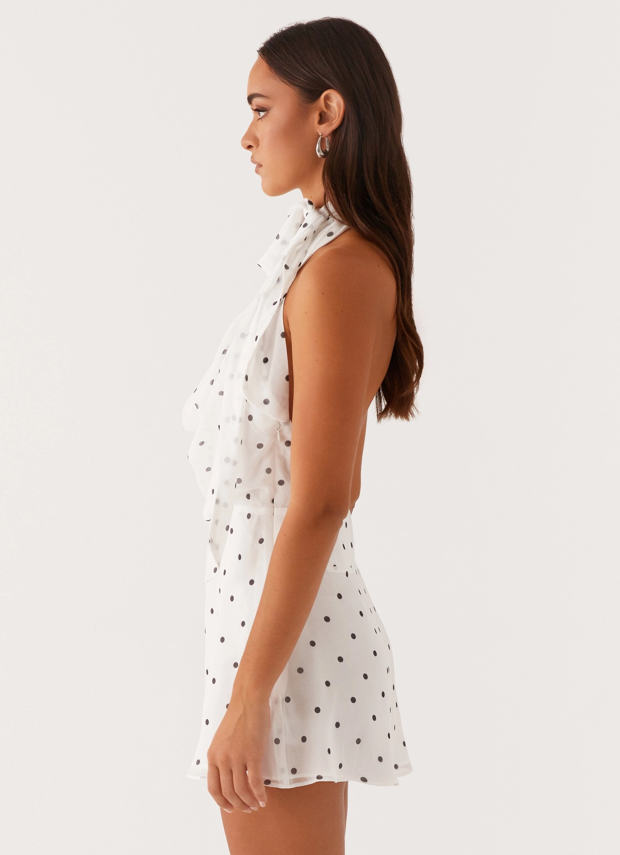 BiasCutSilhouette Avalia Backless Scarf Mini Dress - White Polka Dot