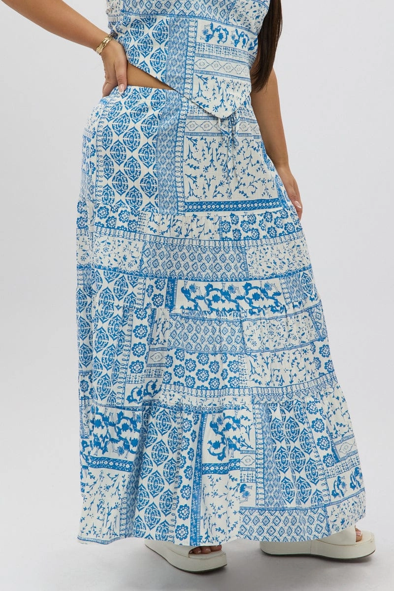 White Boho Elastic Waist Linen Blend Tiered Maxiskirt Smooth Cut