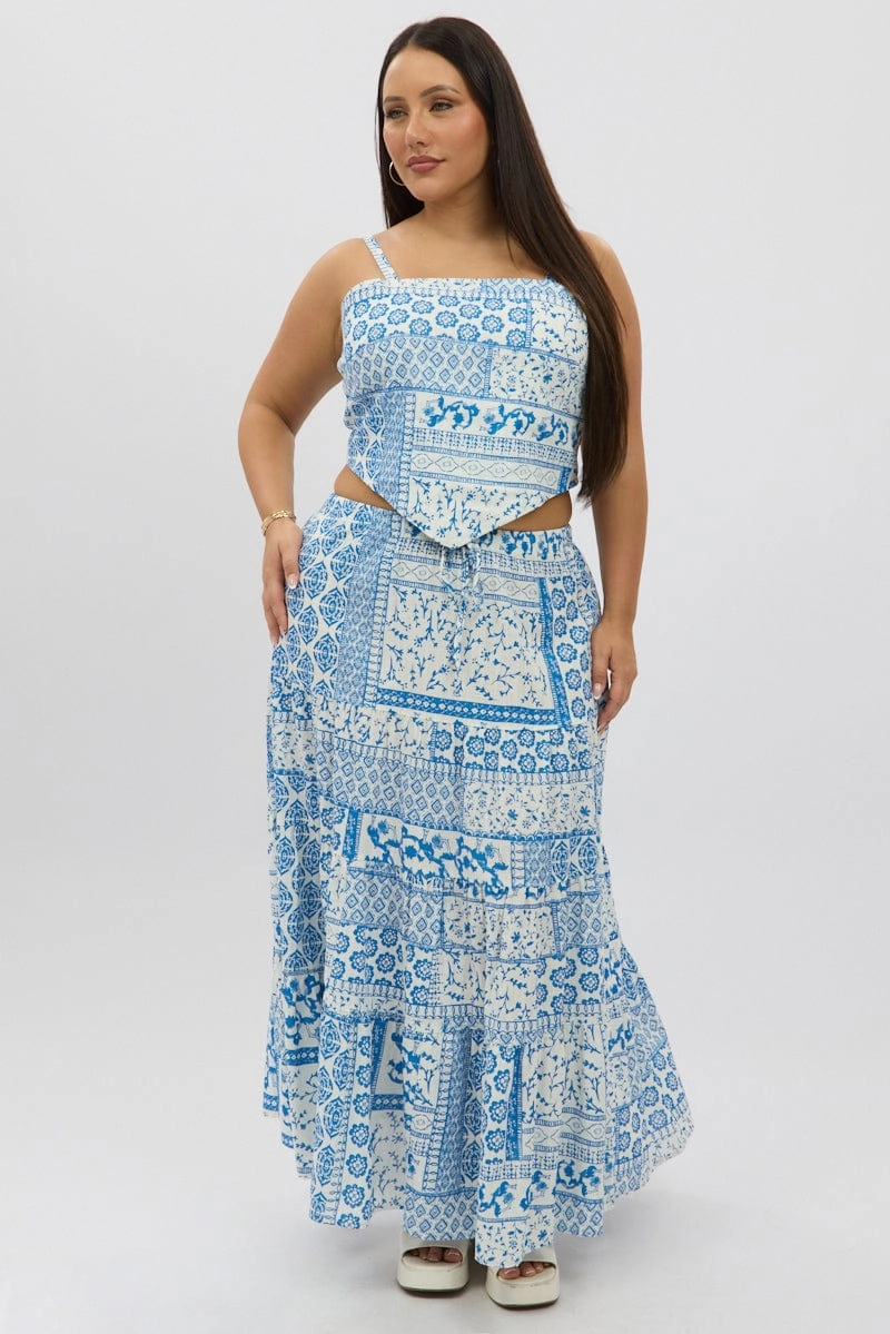 White Boho Elastic Waist Linen Blend Tiered Maxiskirt perforated design