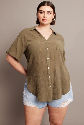 Festive Look Seasonal Style Green Relaxed Shirt Short Sleeve Pocket
