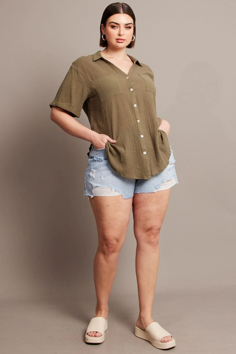 Green Relaxed Shirt Short Sleeve Pocket Sporty Layer