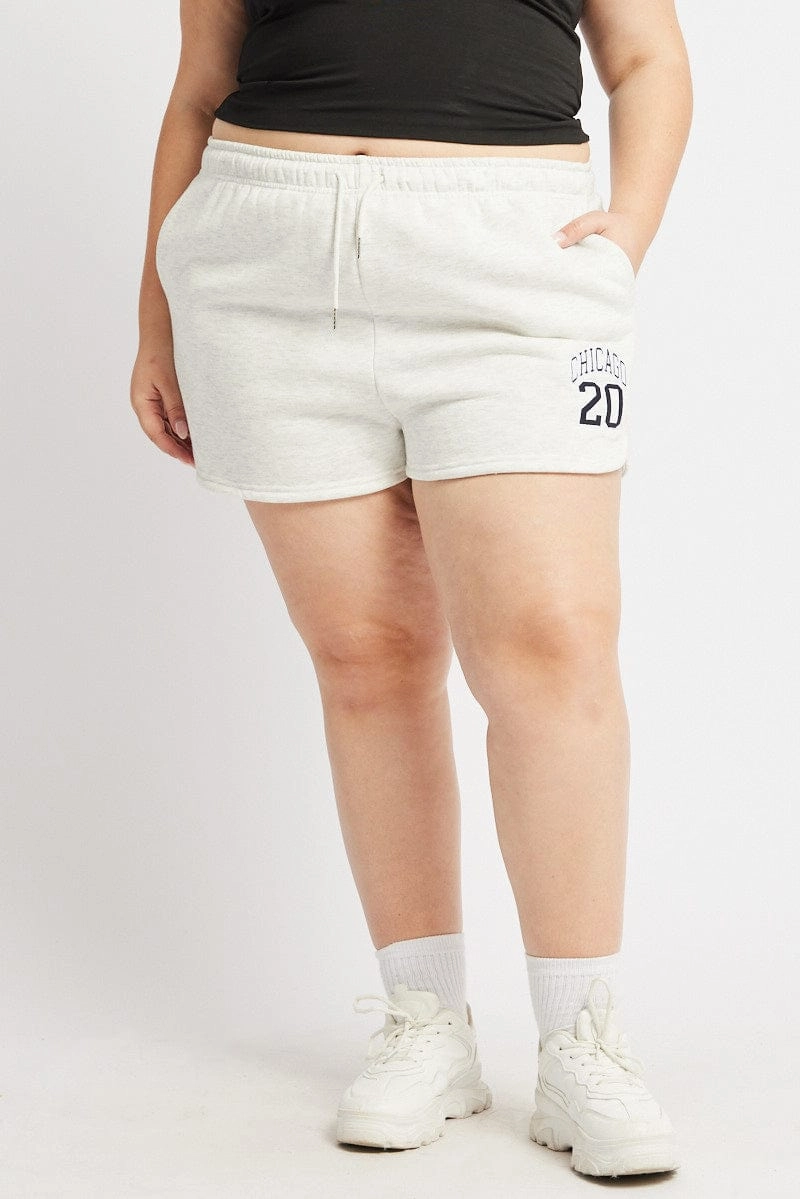Chill Vibes Fit Grey Curve Hem Athletic Embroidered Track Shorts