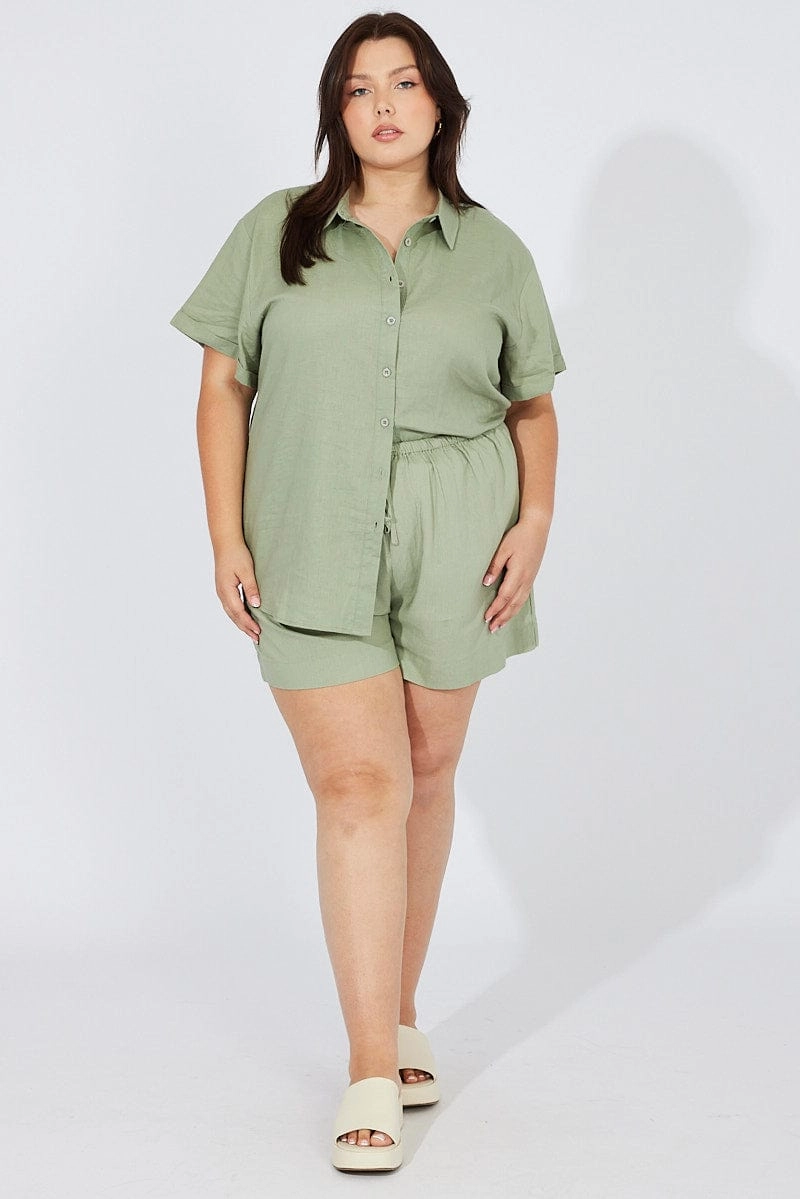 Green Shorts Mid Rise Linen Blend Day Out
