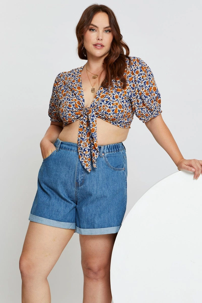 Blue Plus High Rise Elastic Waist Relaxed Blue Shorts Wool blend