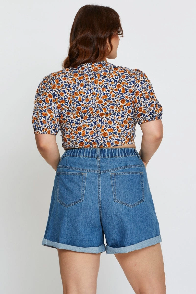 Functional Clothing Blue Plus High Rise Elastic Waist Relaxed Blue Shorts