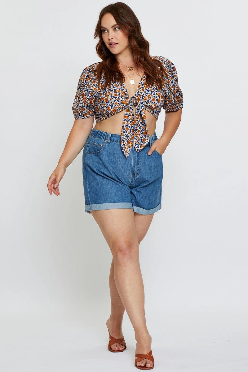 two piece outfit Blue Plus High Rise Elastic Waist Relaxed Blue Shorts