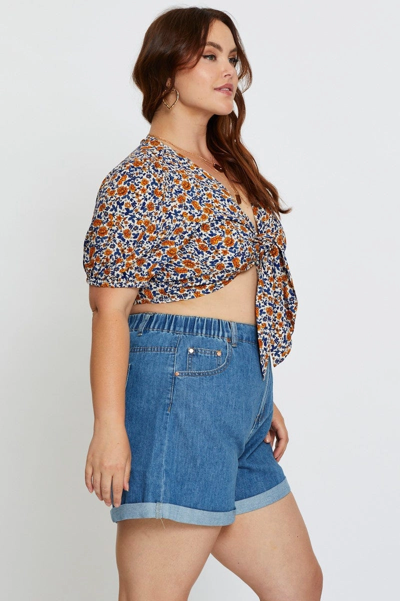 Blue Plus High Rise Elastic Waist Relaxed Blue Shorts Wide Leg Silhouette