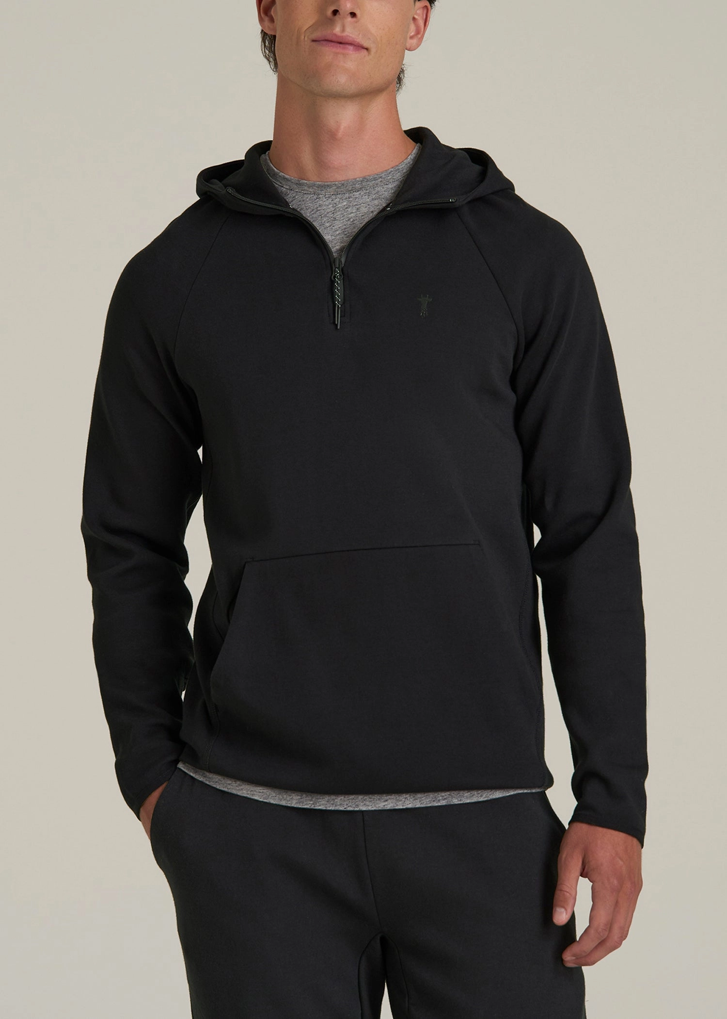 Tech Motion Fleece Hooded Popover for Tall Men in Black Bow Accents active top