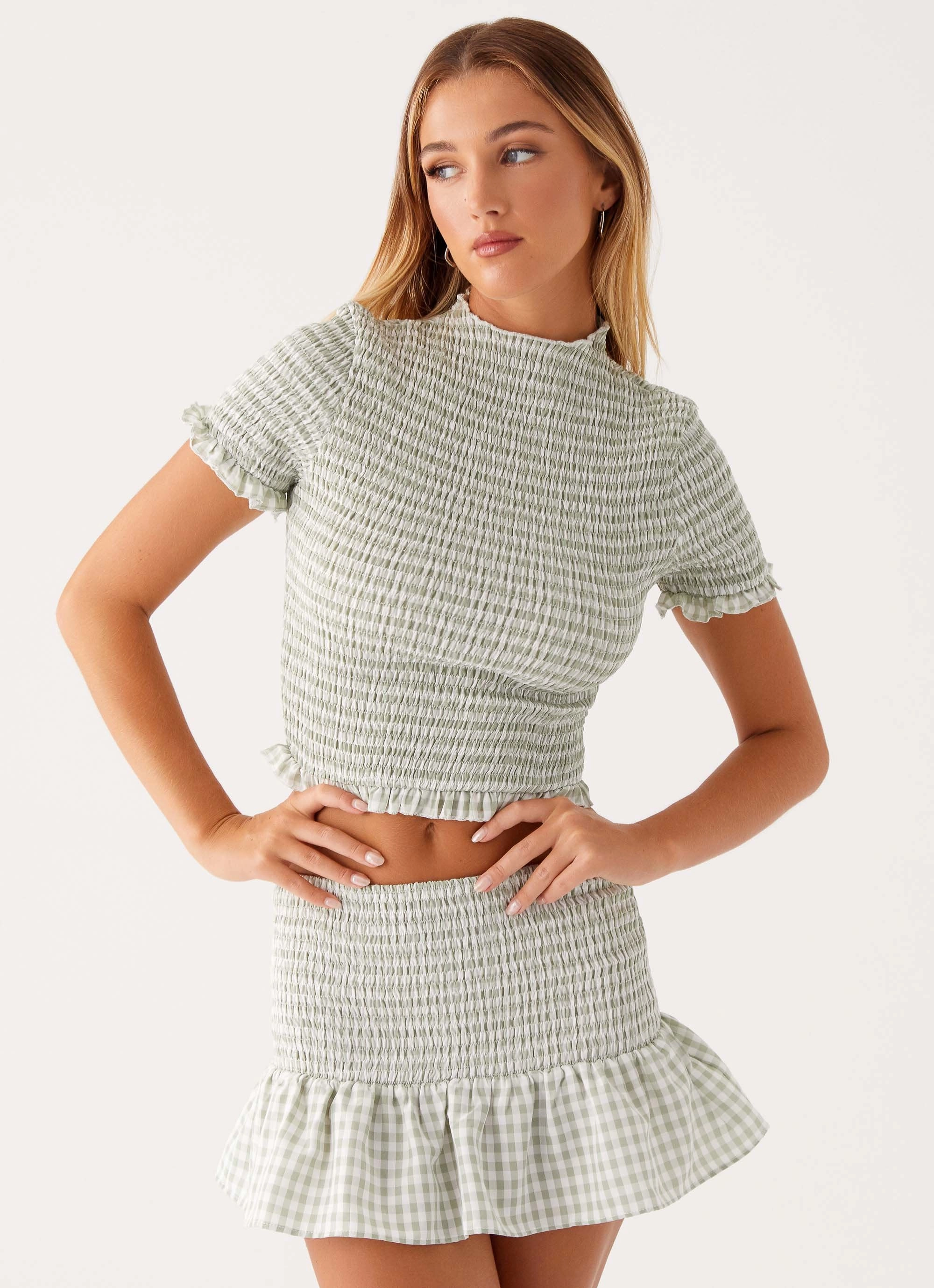 Sweetest Pie T-Shirt - Sage Gingham UV protected Garment Dyed Finish