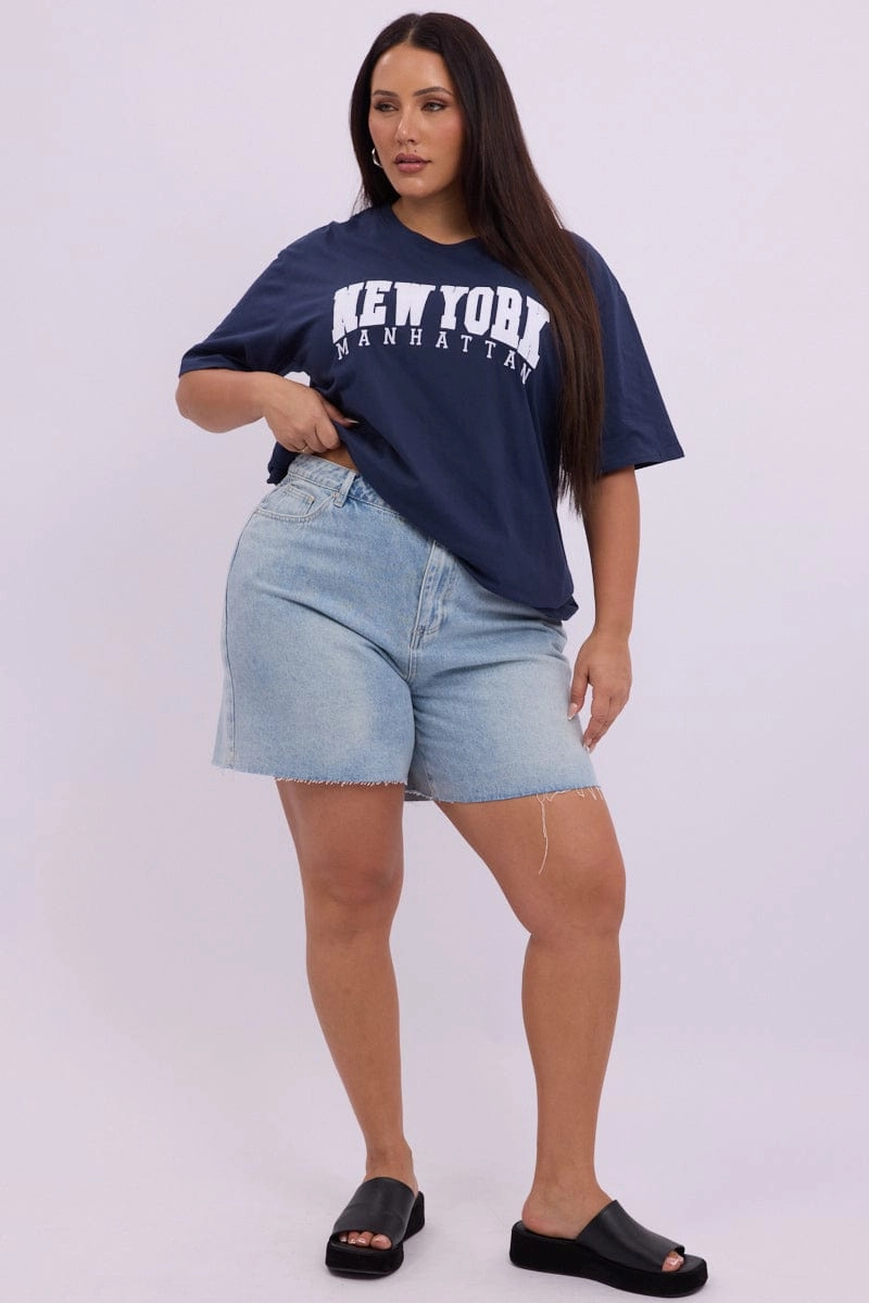 Trendy Vibes Wear Blue Graphic T Shirt Short Sleeve Crew Neck