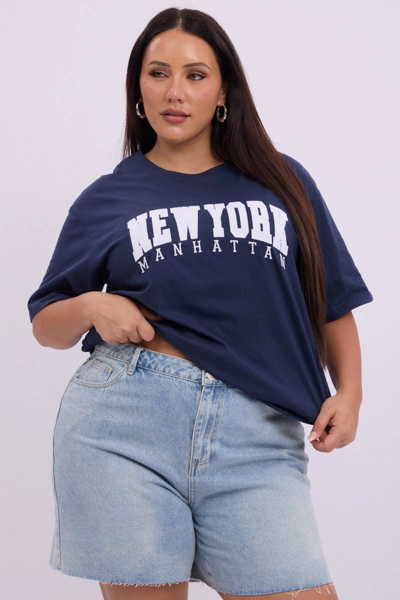 SoftTouchFinish Blue Graphic T Shirt Short Sleeve Crew Neck