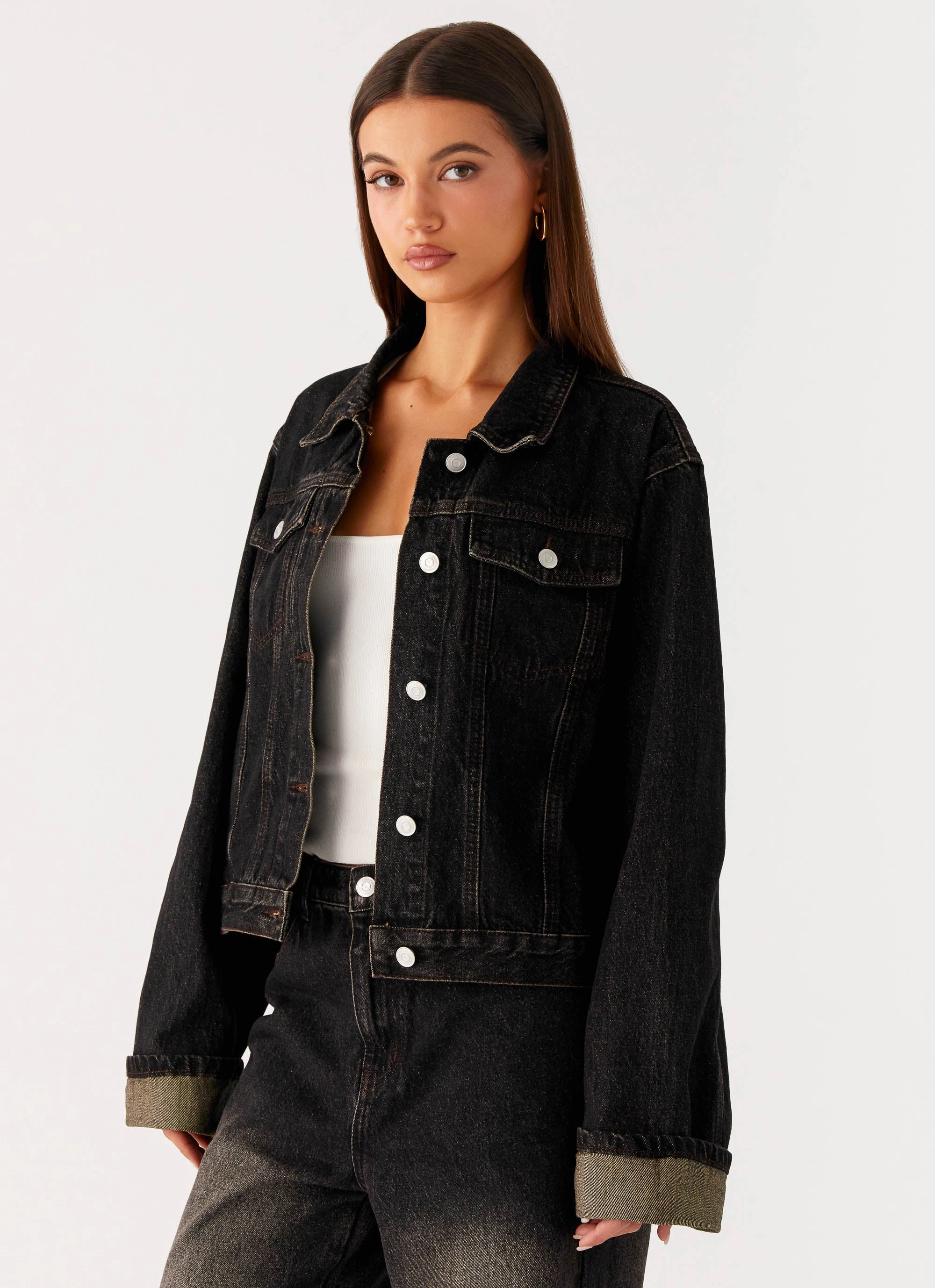 Back Again Oversized Denim Jacket - Acid Charcoal Contoured Silhouette Compression Fold Design