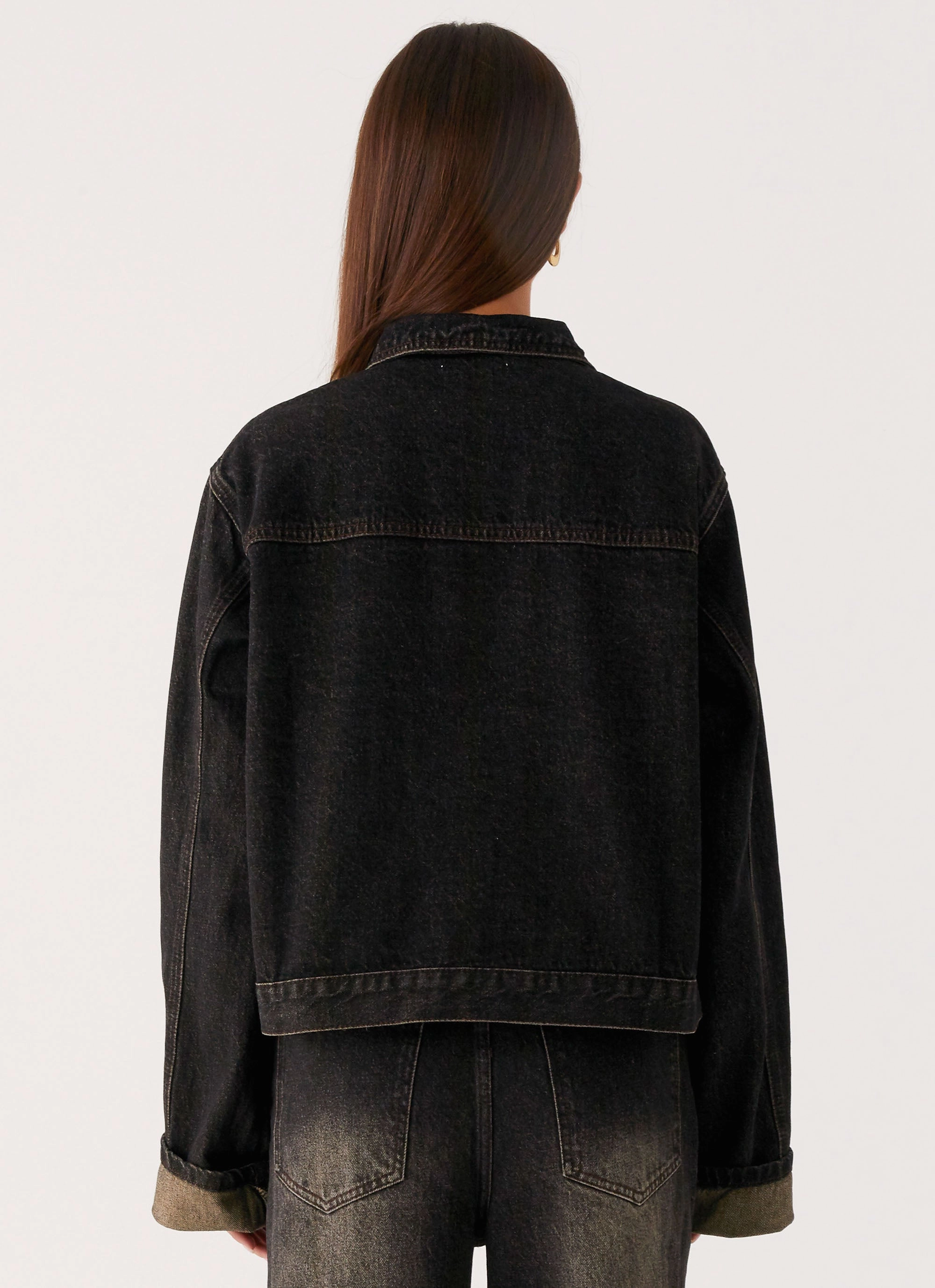 Multi Pocket Layout Windproof Insulated Coat Back Again Oversized Denim Jacket - Acid Charcoal
