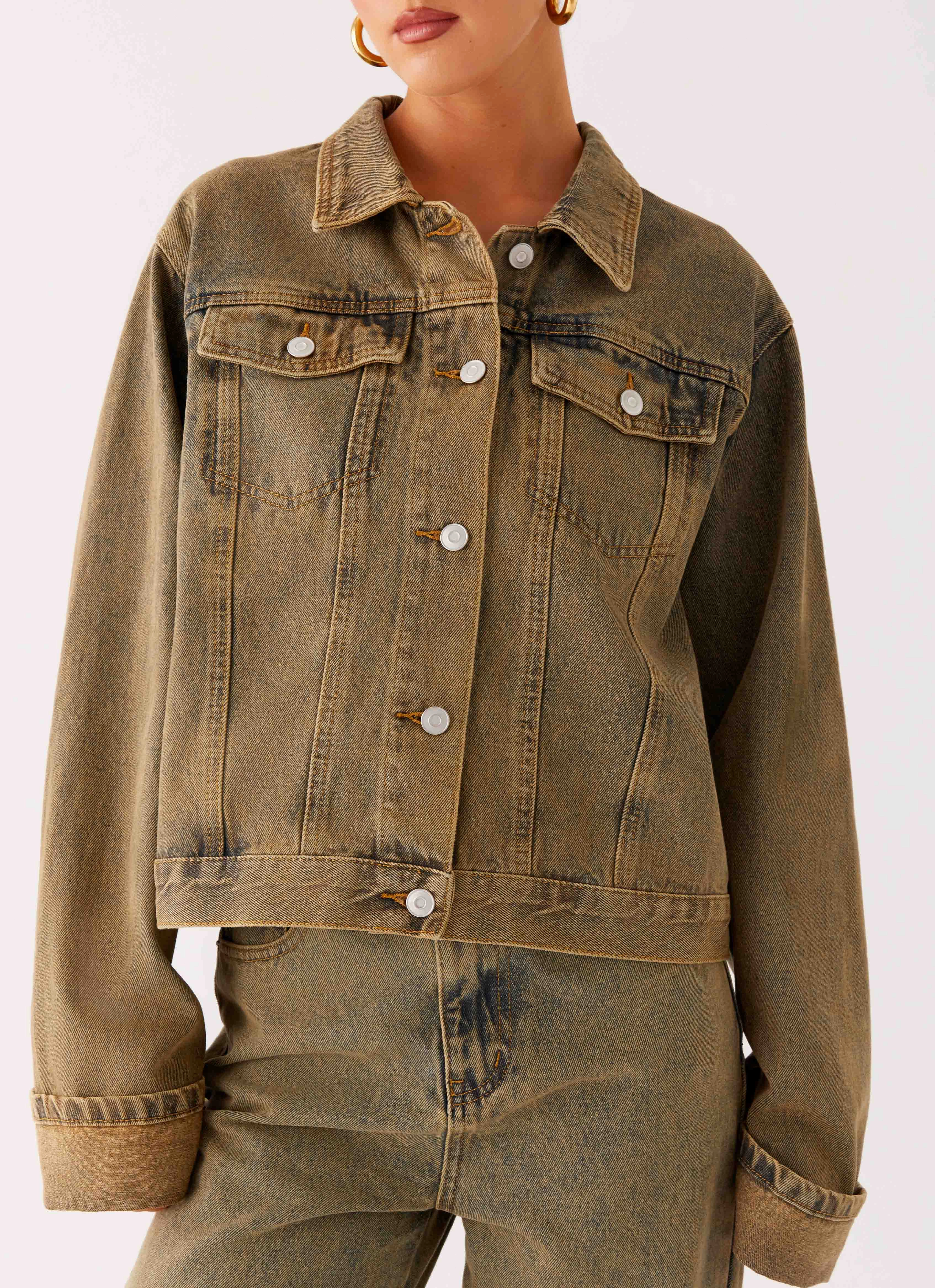 ContouredShoulderFit Laser Cut Vents Back Again Oversized Denim Jacket - Brown Sand Wash