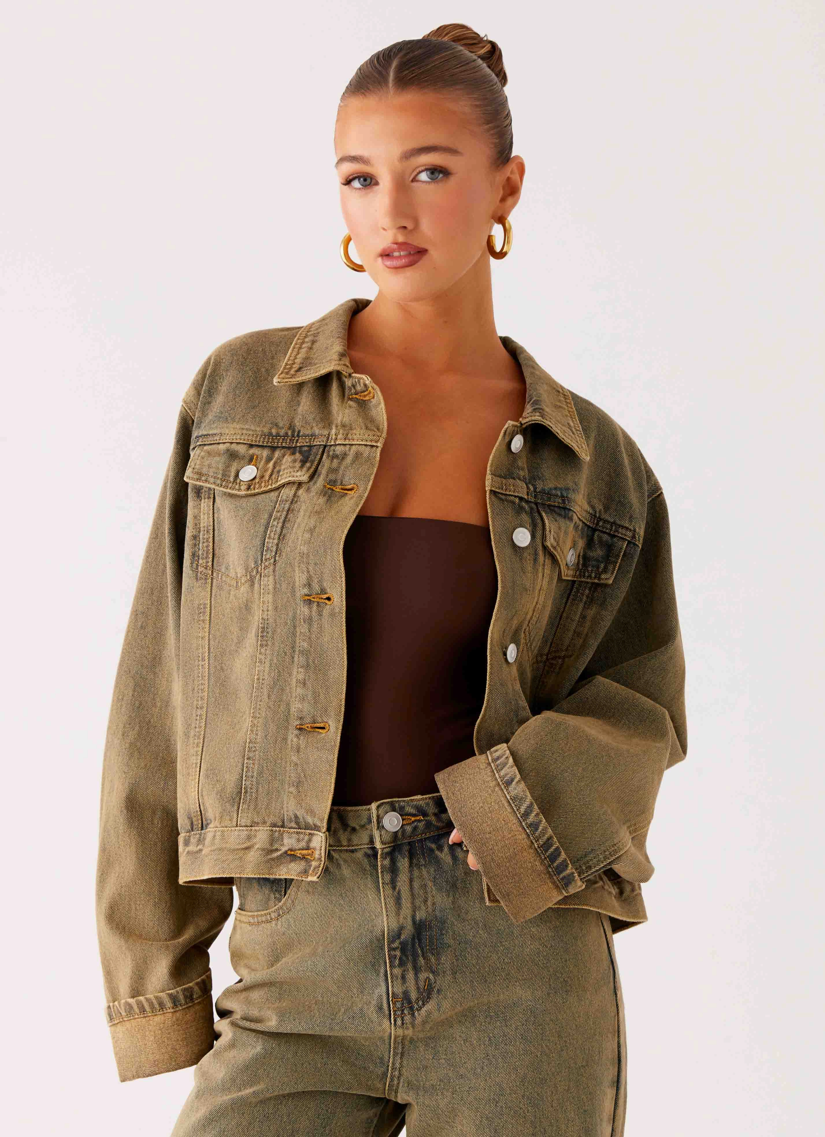 Back Again Oversized Denim Jacket - Brown Sand Wash Layer Up Style