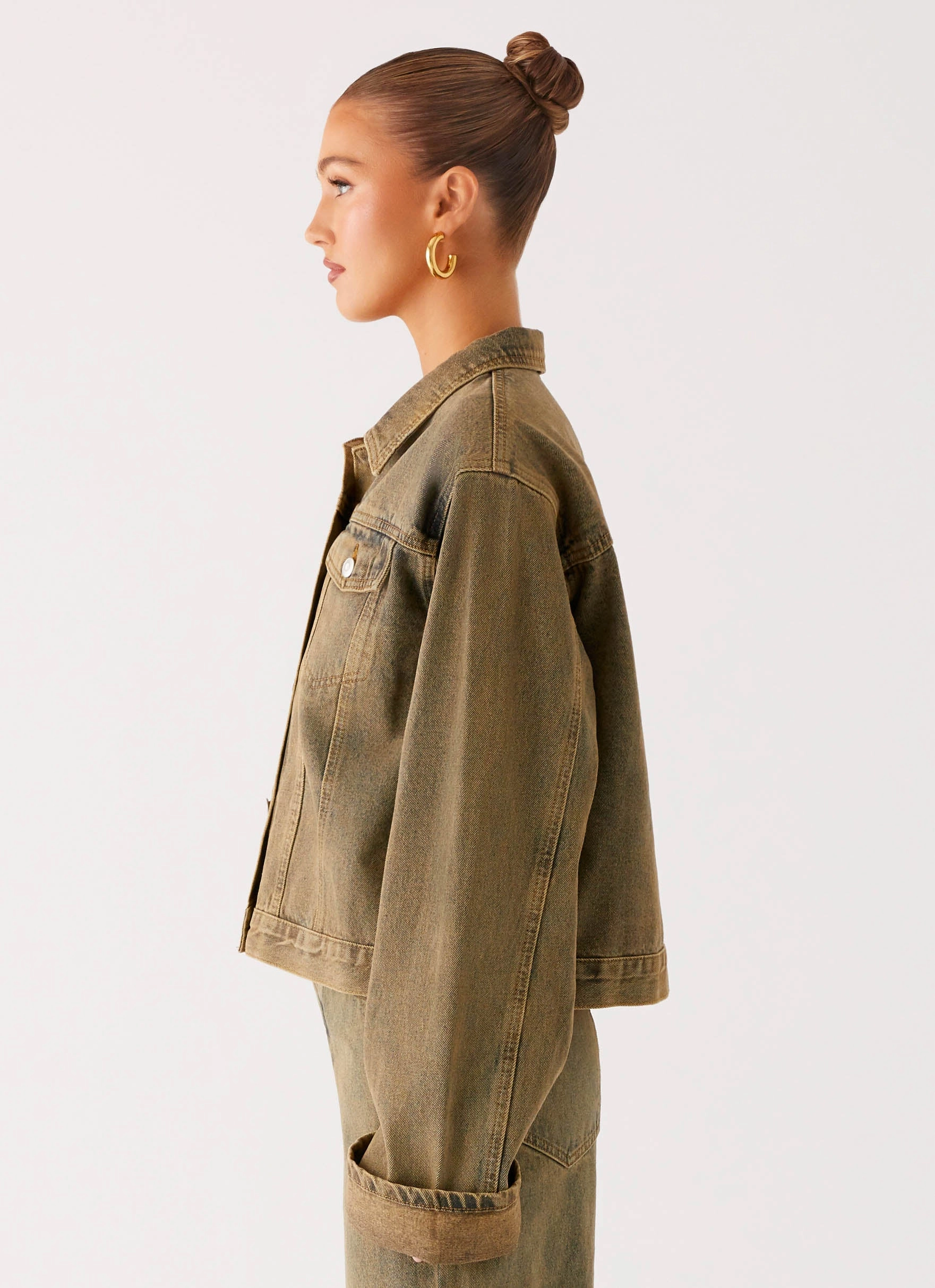 Back Again Oversized Denim Jacket - Brown Sand Wash No Roll Collar Technology