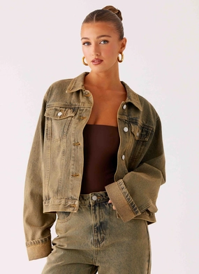 Back Again Oversized Denim Jacket - Brown Sand Wash Layer Up Style