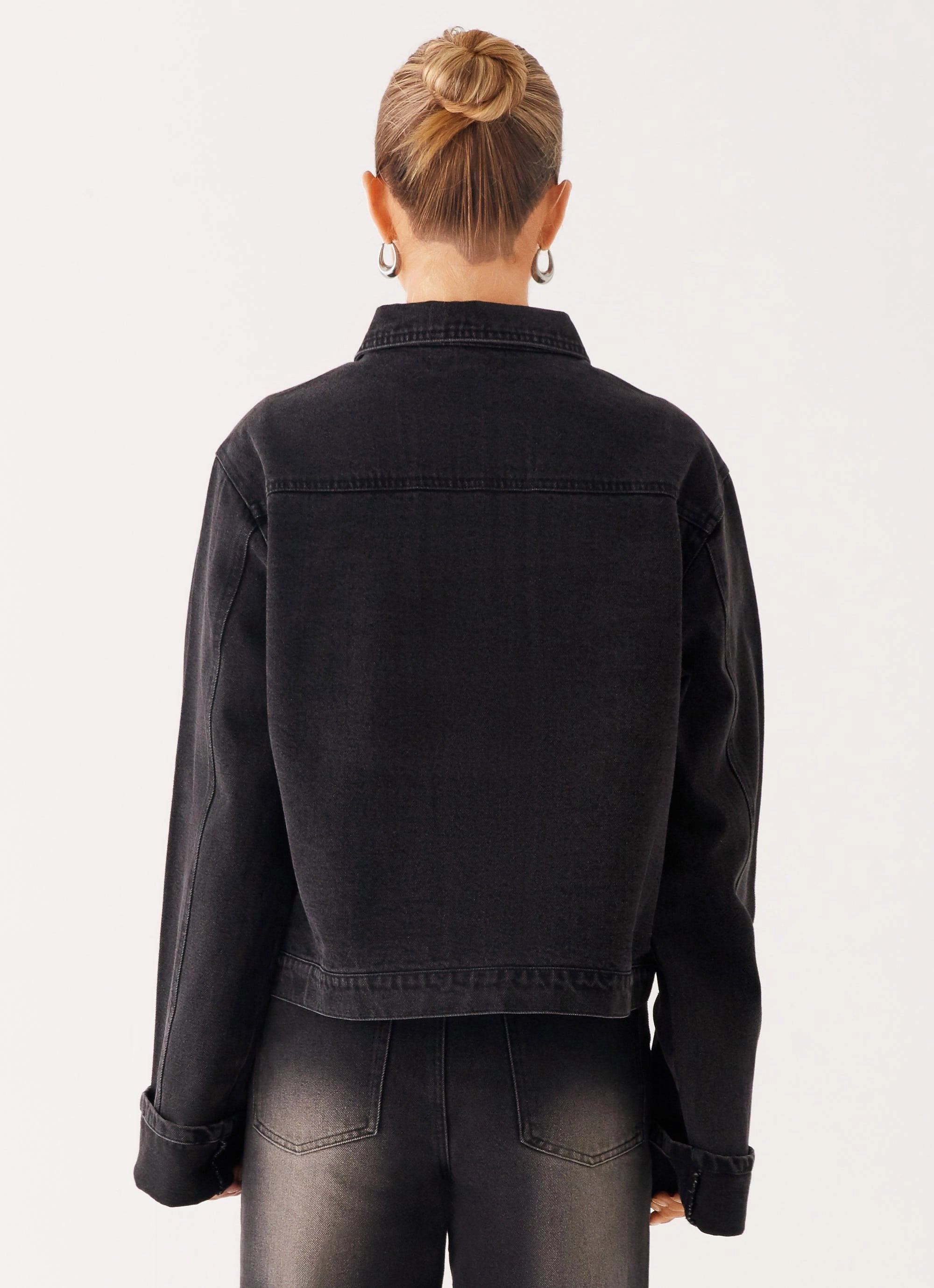 Back Again Oversized Denim Jacket - Charcoal Wash Flexible Waistband