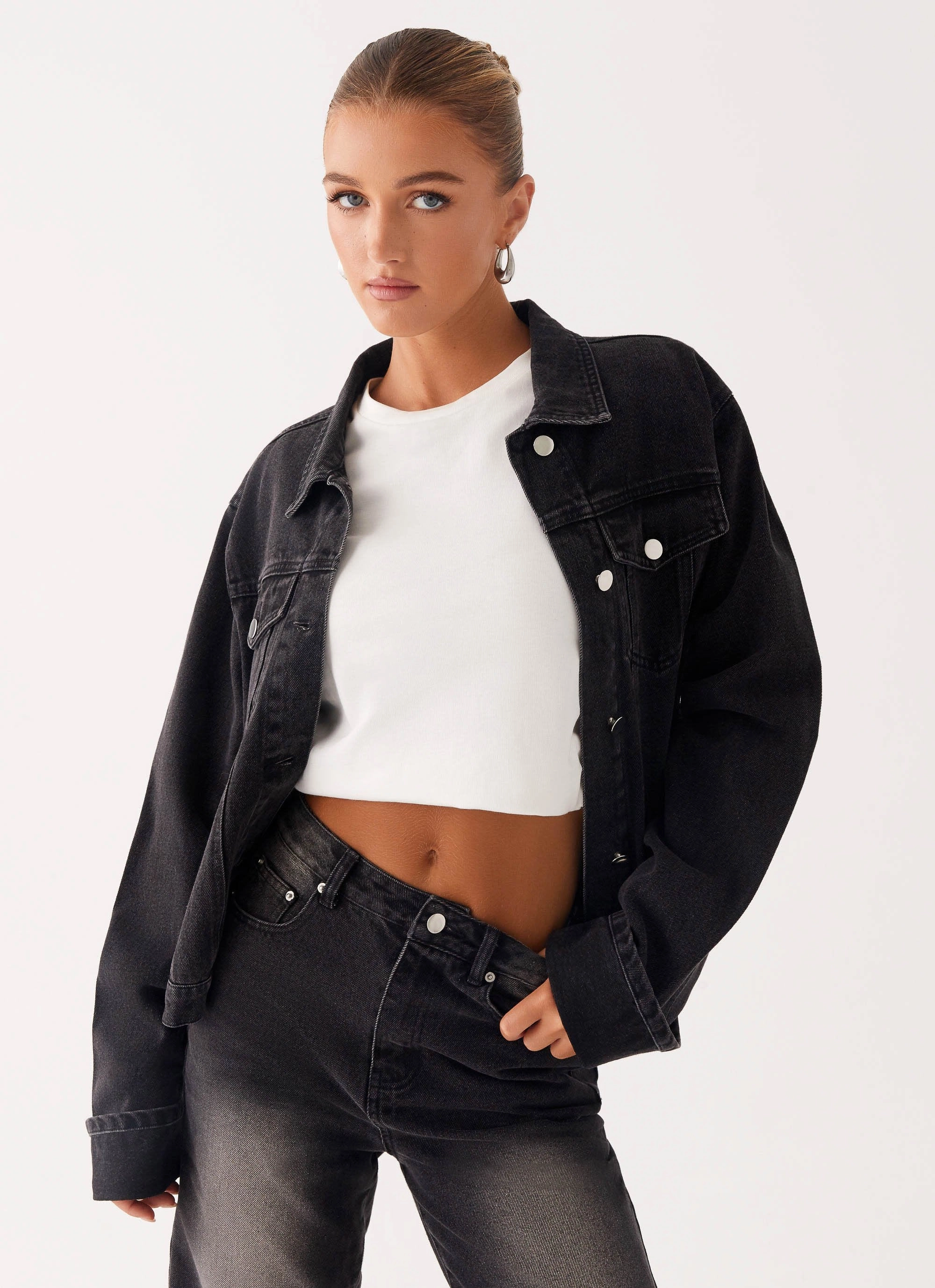 Back Again Oversized Denim Jacket - Charcoal Wash Quick Dry Performance