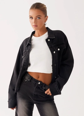 Back Again Oversized Denim Jacket - Charcoal Wash Quick Dry Performance