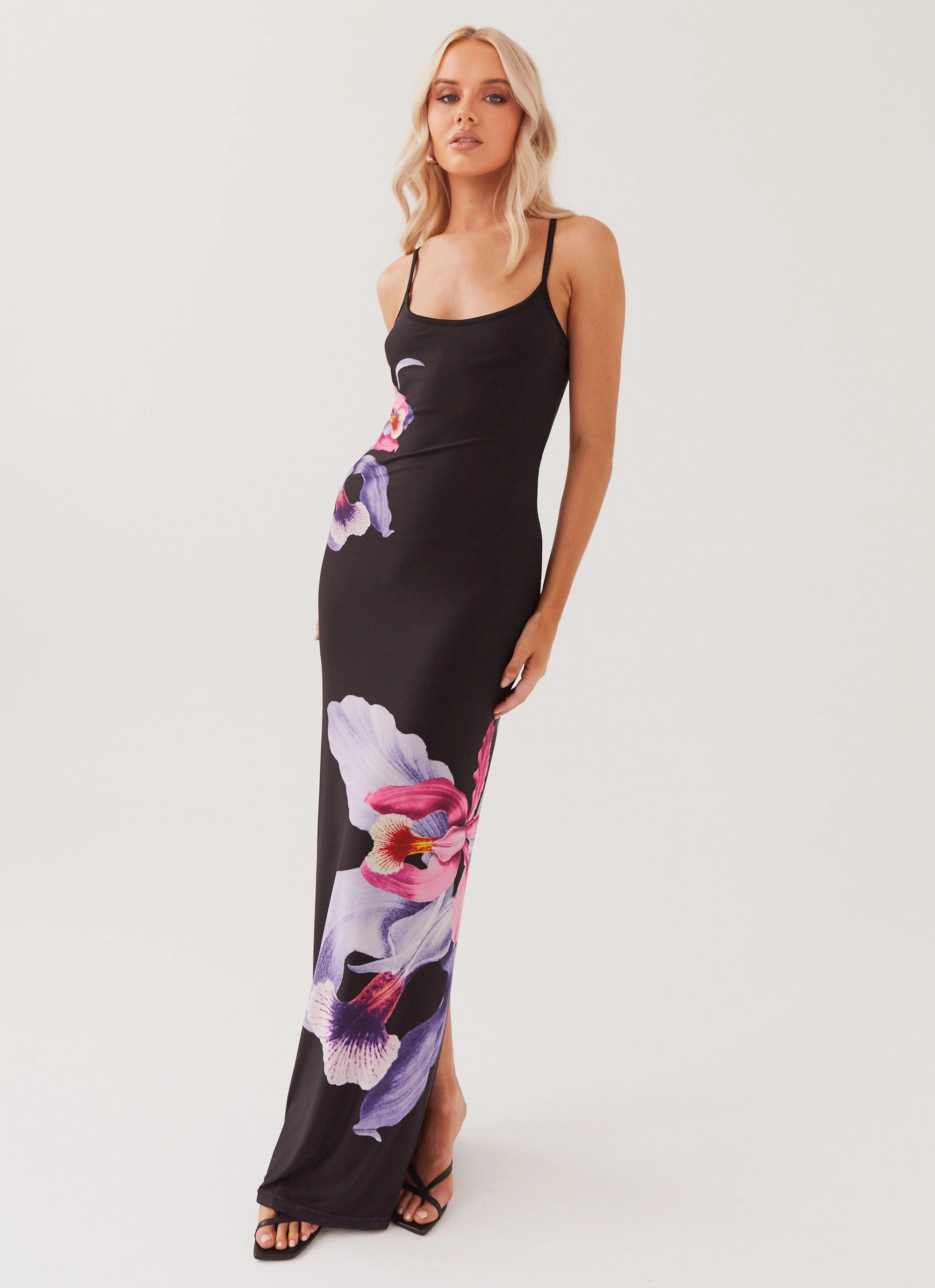 Bad News Mesh Maxi Dress - Black Tulip Minimal Motion Blue Sky