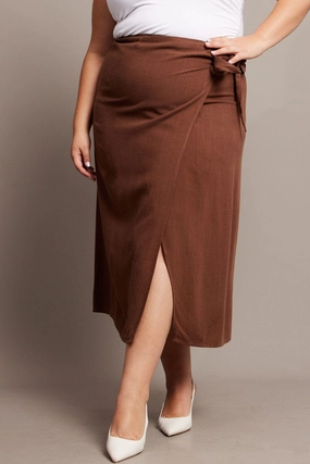 Brown Faux Wrap Linen Blend Midi Skirt Hemp Blend A Line Cut