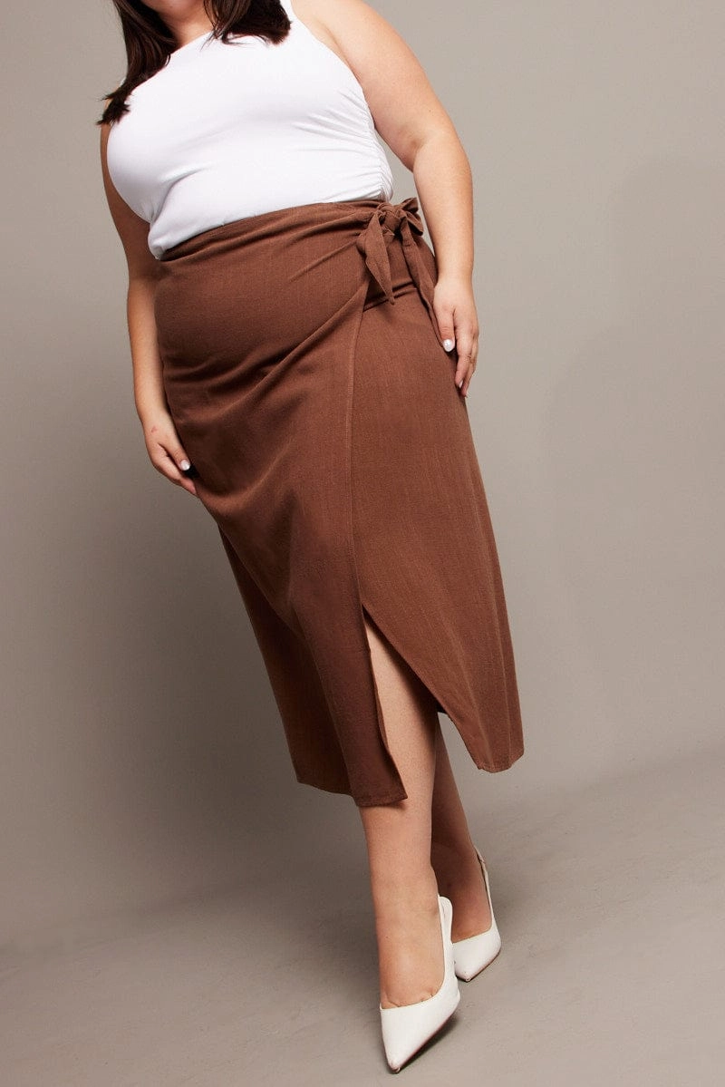 Spring Brunch Brown Faux Wrap Linen Blend Midi Skirt