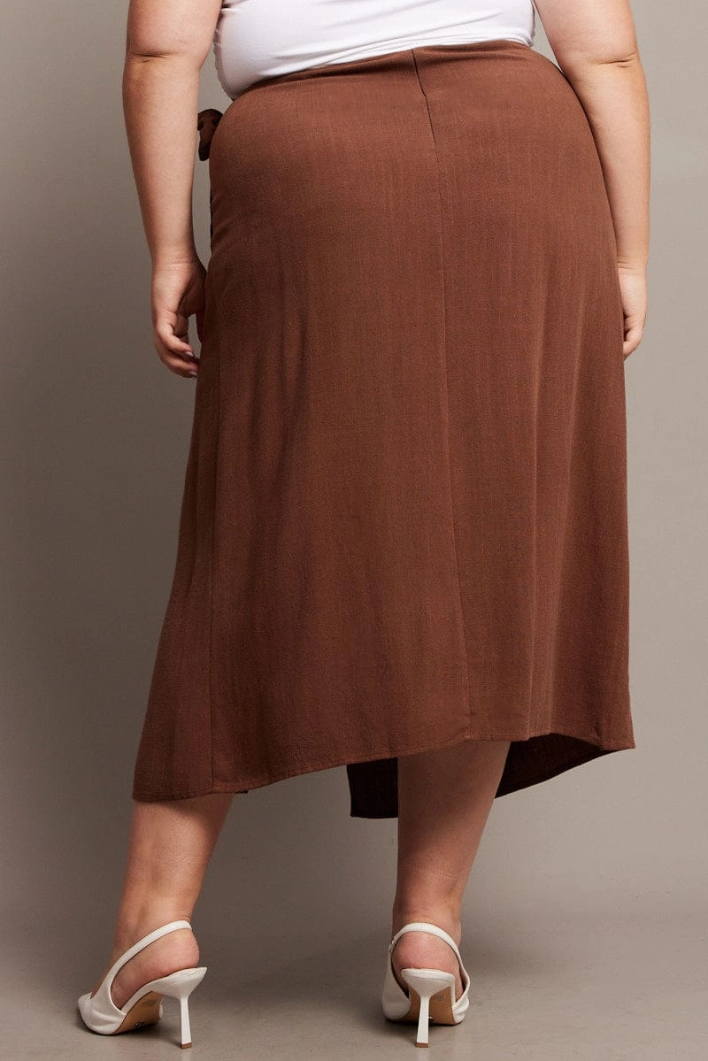 Pleated design Brown Faux Wrap Linen Blend Midi Skirt