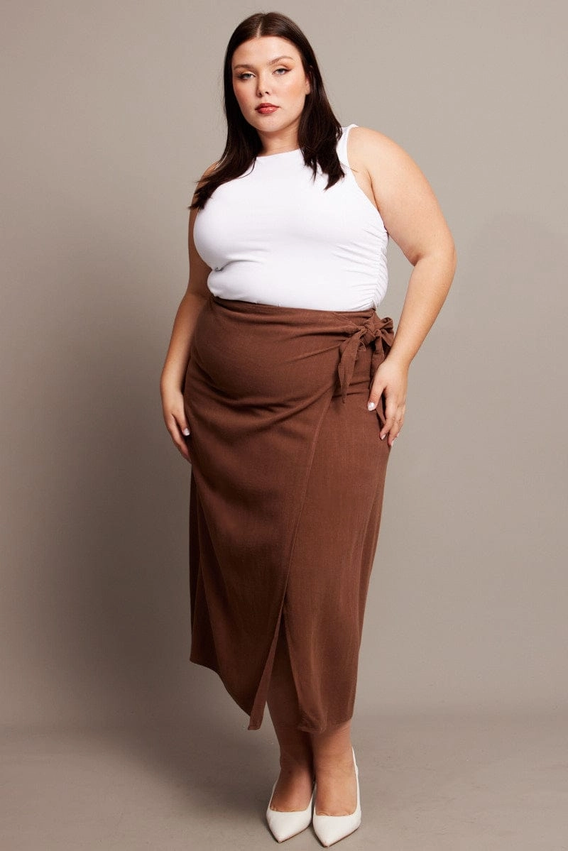 Easy Layers Polka Dot Brown Faux Wrap Linen Blend Midi Skirt