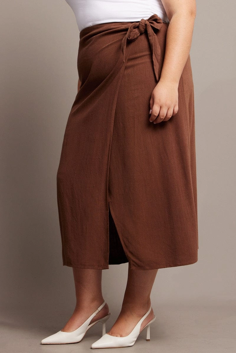 Brown Faux Wrap Linen Blend Midi Skirt Cuffed hem
